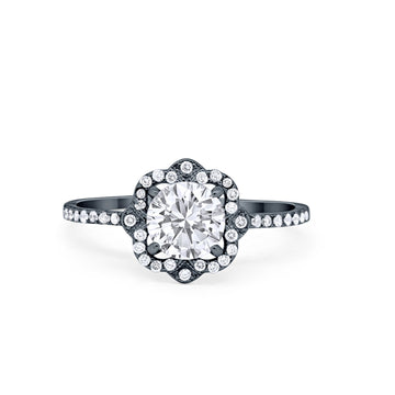 Art Deco Wedding Ring Floral Black Tone, Simulated Cubic Zirconia 925 Sterling Silver